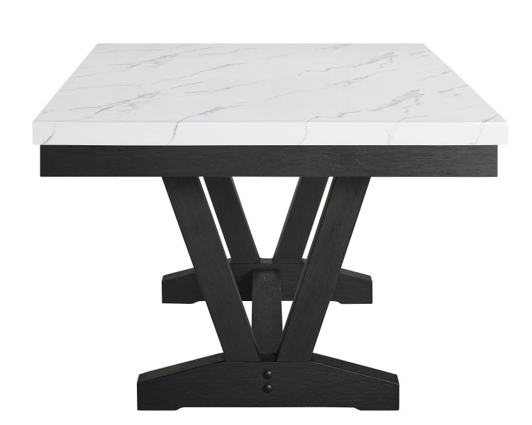 1Pc Transitional Modern Formal Dining Table White Faux Marble Rectangular Table Top Trestle Base Black Finish Legs Wooden Dining Room Furniture