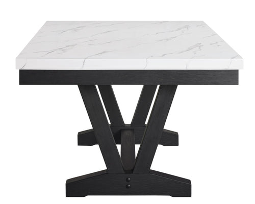 1Pc Transitional Modern Formal Dining Table White Faux Marble Rectangular Table Top Trestle Base Black Finish Legs Wooden Dining Room Furniture