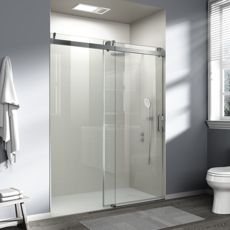 56" 60" W X 76" H Frameless Soft Closing Single Sliding Shower Door, 1 4" 6Mm Tempered Glass With Explosion Proof Film Via Express Delivery, Brushed Nickel Cm 24D01 60Bnx