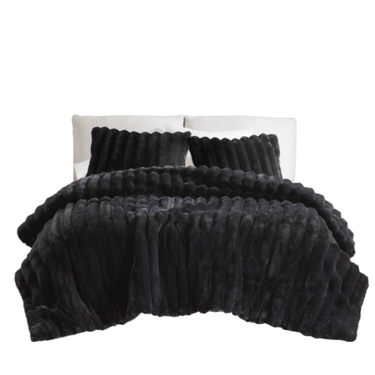 3 Pcs King Soft Faux Fur Ribbed Comforter Set Black