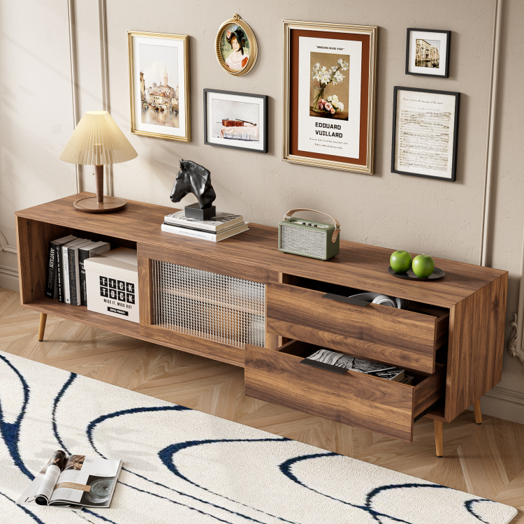 Modern Tv Stand For 75" Tv, Tv Console With 2 Glass Doors, Entertainment Center With 2 Drawers & Storage Cabinet, 70" Media Console Table For Living Room, Bedroom