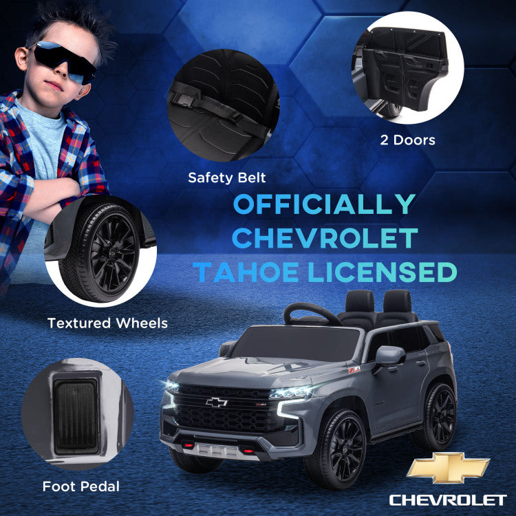 Aosom Chevrolet Tahoe Licensed Kids Ride On Car, 12V Battery Powered Kids Electric Car With Remote Control, Music, Lights, Horn, Suspension For 3 6 Years Old, Gray