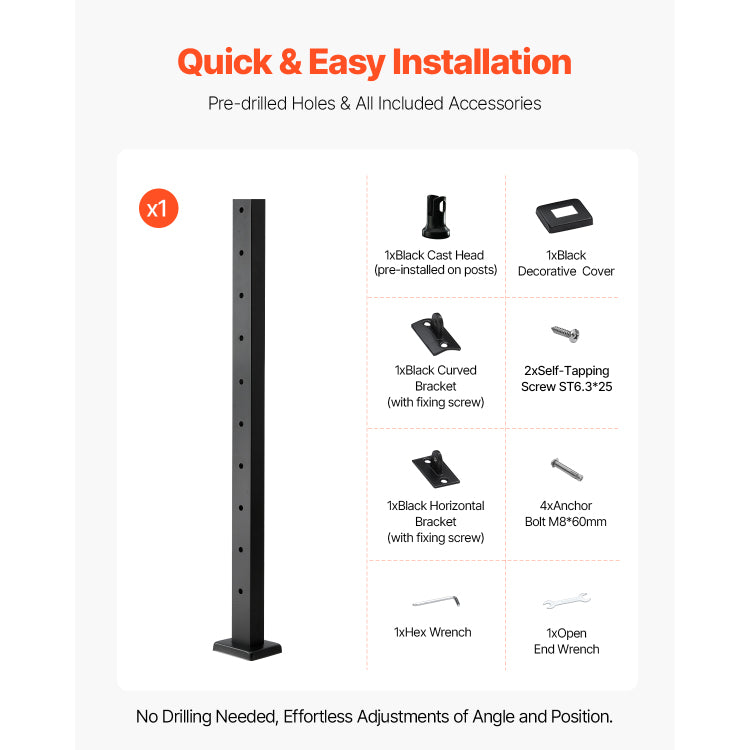 Cable Railing Post, 36X1X2 Inch Level Deck Stair Posts, 1 Pack Stainless Steel Cable Handrail Post, Pre Drilled Pickets With Mounting Bracket Stair Railing Kit, Black, 1Jzlgzxhs914Lza6X001V0