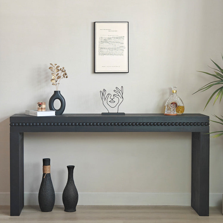 64In Modern Black Wood Console Table Elegant Entryway Table With Decorative Beaded Trim
