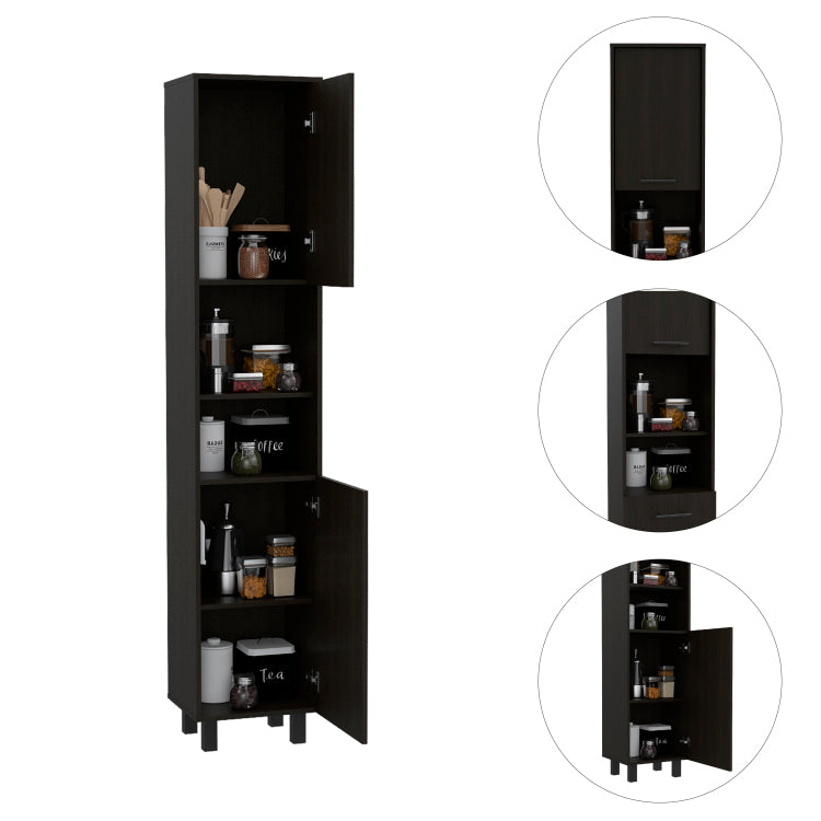 Hobart Pantry, Four Legs, Three Interior Shelves, Two Shelves, Two Cabinets Black