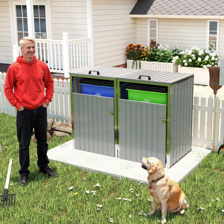 Garbage Bin Shed Stores 2 Trash Cans Metal Outdoor Bin Shed For Garbage Storage,54 Cubic Feet Of Space,Stainless Galvanized Steel, Bin Shed For Garden Yard Lawn,Grey