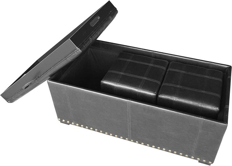 Leather Storage Bench With 2 Side Ottomans, Black
