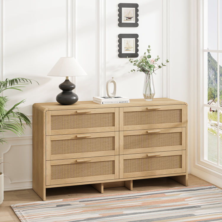 51.18'' Arc Shaped Corner Rattan Cabinet, 6 Drawers Rattan Storage Cabinet Rattan Drawer, For Living Room Bedroom,And Kitchen, Natural