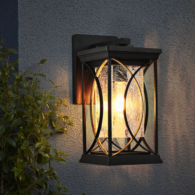 14" H 1 Pack Black Outdoor Wall Lantern With Crackled Glass, Weather Resistant Exterior Light Fixture For Porch, Patio, And Entryway, Modern Decorative Wall Sconce With E26 Base Bulb Not Included