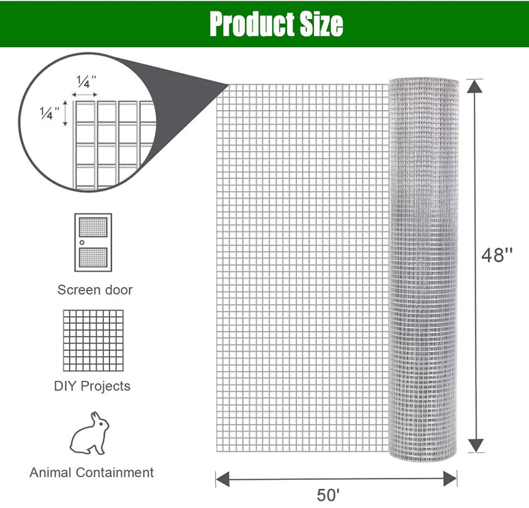 Hardware Cloth 1 4 Inch 48In X 50Ft 23 Gauge, Hot Dip Galvanized After Welding Chicken Wire Fence Roll Garden Plant Welded Metal Wire Fencing Roll, Rabbit Cages Snake Fence