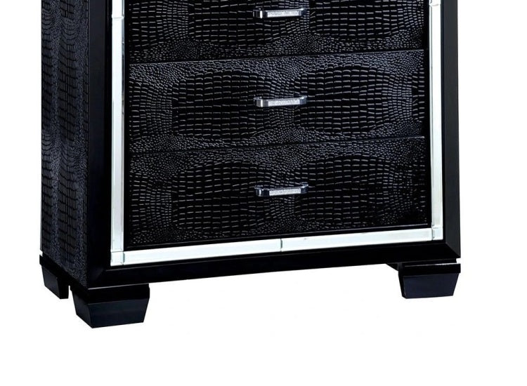1Pc Chest Crocodile Texture Contemporary Style Diamond Crusted Handle English Dovetail Five Drawers 3Mm Mirror Black Finish