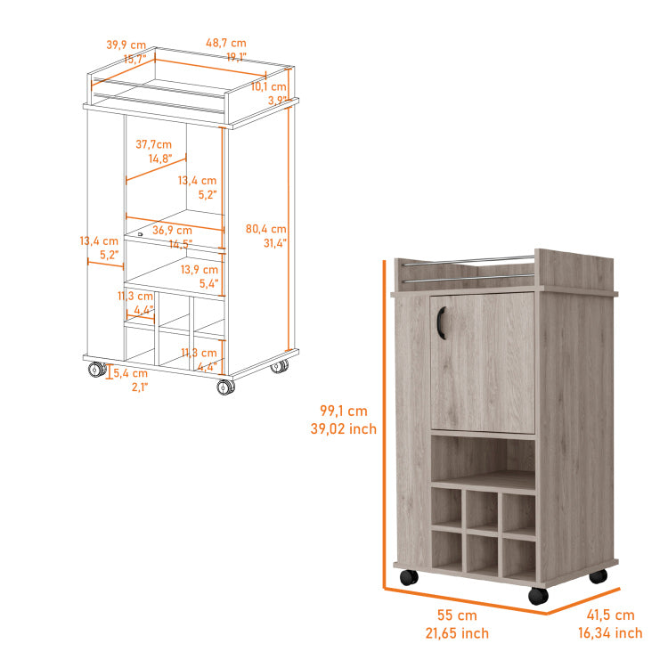 Farson Bar Cart With 2 Side Shelf, 6 Built In Wine Rack And Casters