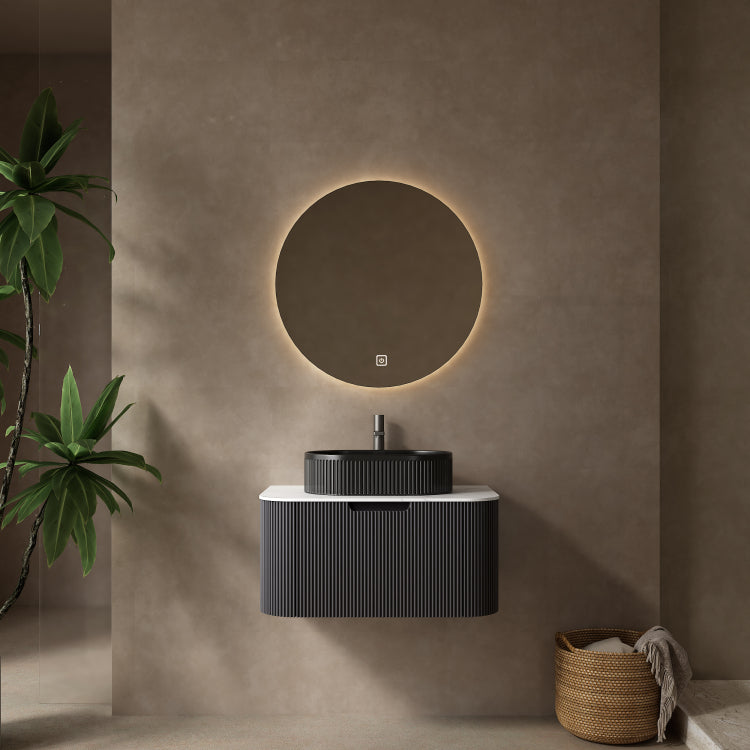 Dina 30" Bathroom Vanity With Sink, Modern Wall Mounted Floating Curved Edges Striped Bathroom Storage Cabinet With A Drawer, Black Ceramic Vessel Basin Without Faucet, Pre Assembled, Black Color