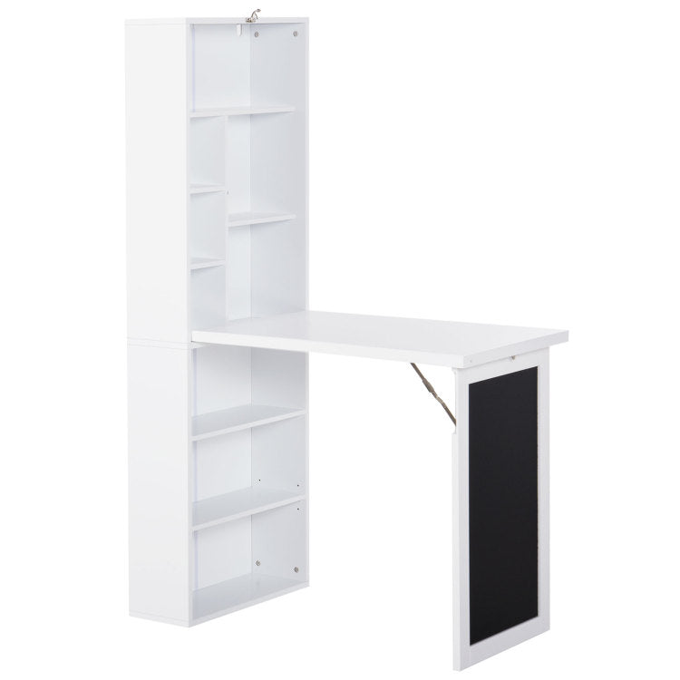 Homcom Fold Out Convertible Writing Table Wall Mount Desk Cabinet With Blackboard And Side Shelf Multi Function Home Office Workstation, White