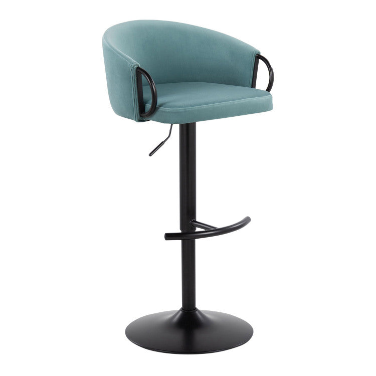 Contemporary Adjustable Barstool With Swivel In Black Metal And Light Blue Velvet With Rounded T Footrest Set Of 2