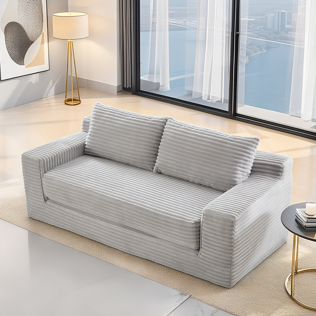 Loveseat Sofa With Memory Foam & Steel Frame No Assembly, Convertible 2 In 1 Design, Corduroy Fabric Compact Couch For Small Spaces, Apartments, Home Office & Bedroom Grey
