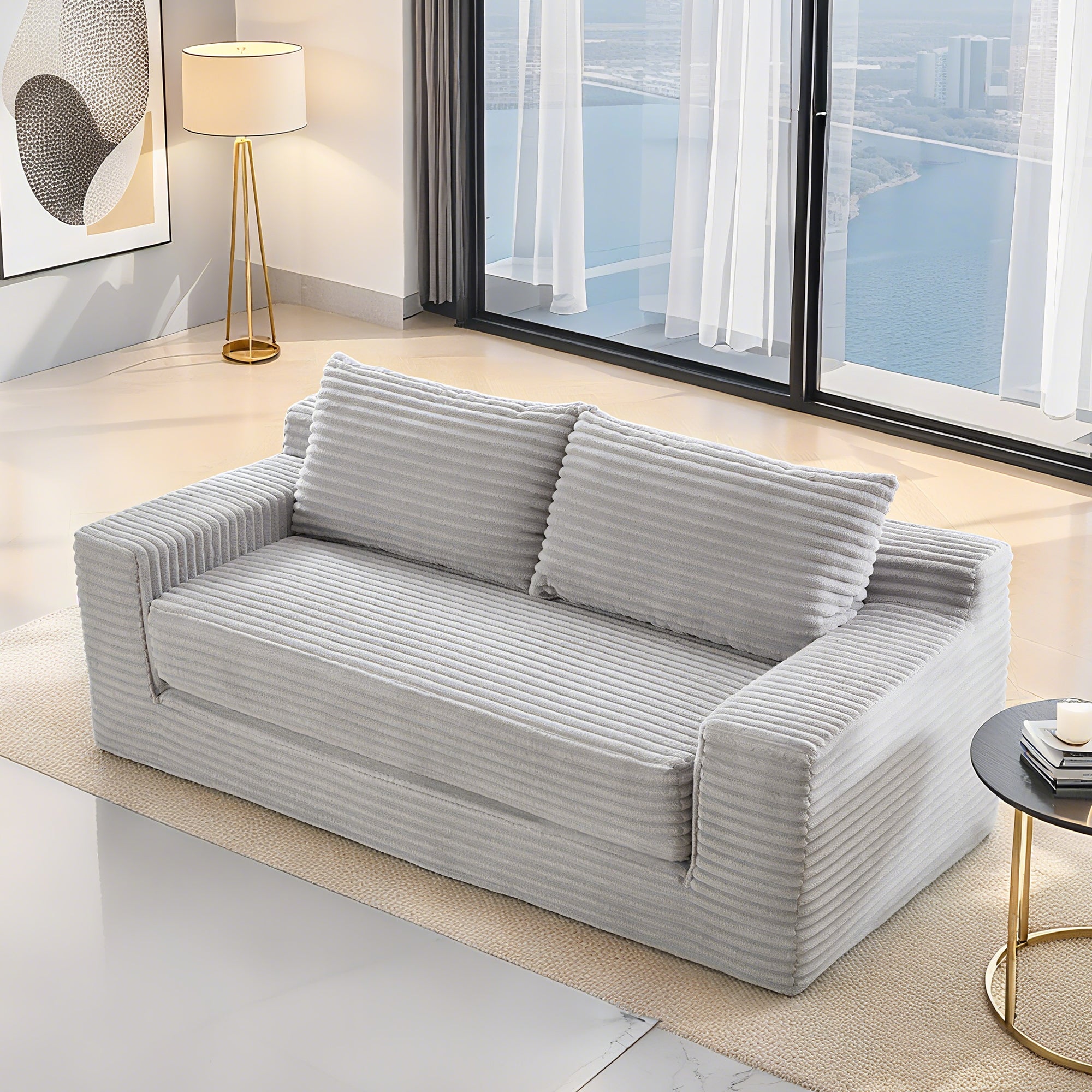 Loveseat Sofa With Memory Foam & Steel Frame No Assembly, Convertible 2 In 1 Design, Corduroy Fabric Compact Couch For Small Spaces, Apartments, Home Office & Bedroom Grey