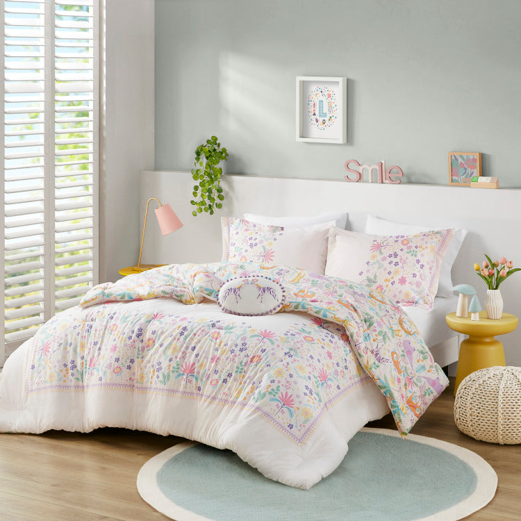 4 Pcs Full Queen Floral Reversible Cotton Comforter Set With Throw Pillow Purple