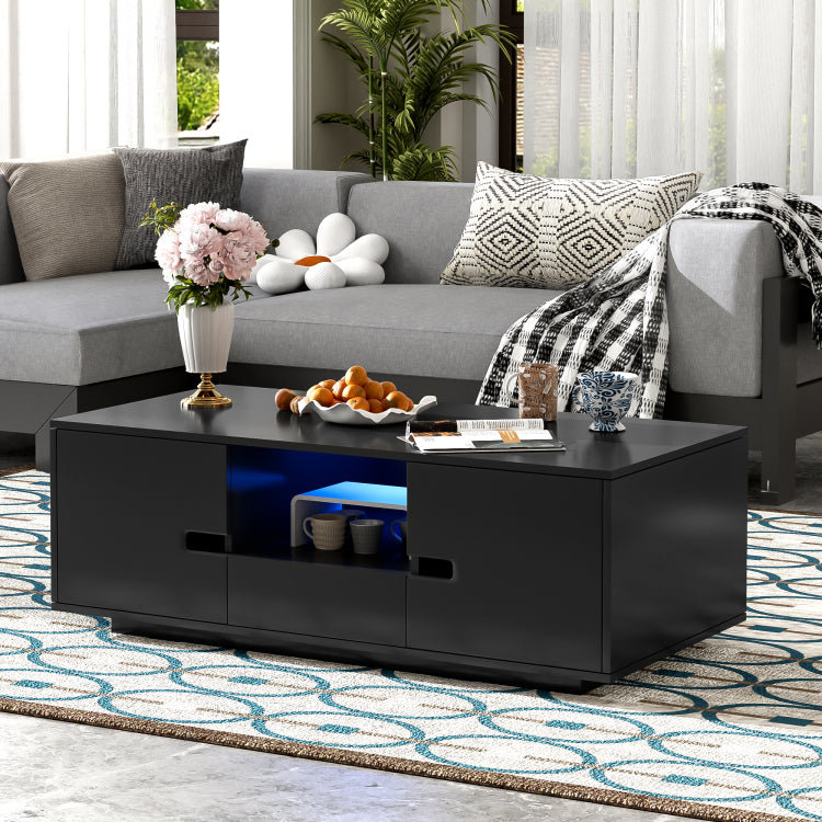 Modern High Glossy Rectangle Coffee Table, Stylish Center Table With Storage Space, Accent Furniture With 16 Color Led Lights For Living Room