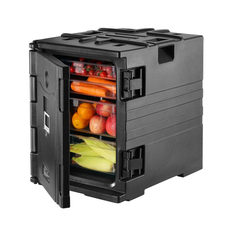 Insulated Food Pan Carrier, 82 Qt Hot Box For Catering, Lldpe Food Box Carrier W Double Buckles, Front Loading Food Warmer W Handles, Stackable End Loader For Restaurant, Canteen, Etc. Black
