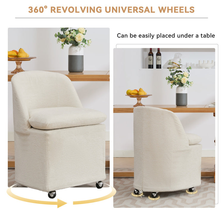 058 Set Of 2 Chenille Fabric Dining Chairs With Universal Wheels,Beige