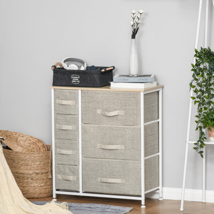 Homcom 7 Drawer Dresser Storage Tower Cabinet Organizer Unit, Easy Pull Fabric Bins With Metal Frame For Bedroom, Closets, Light Gray
