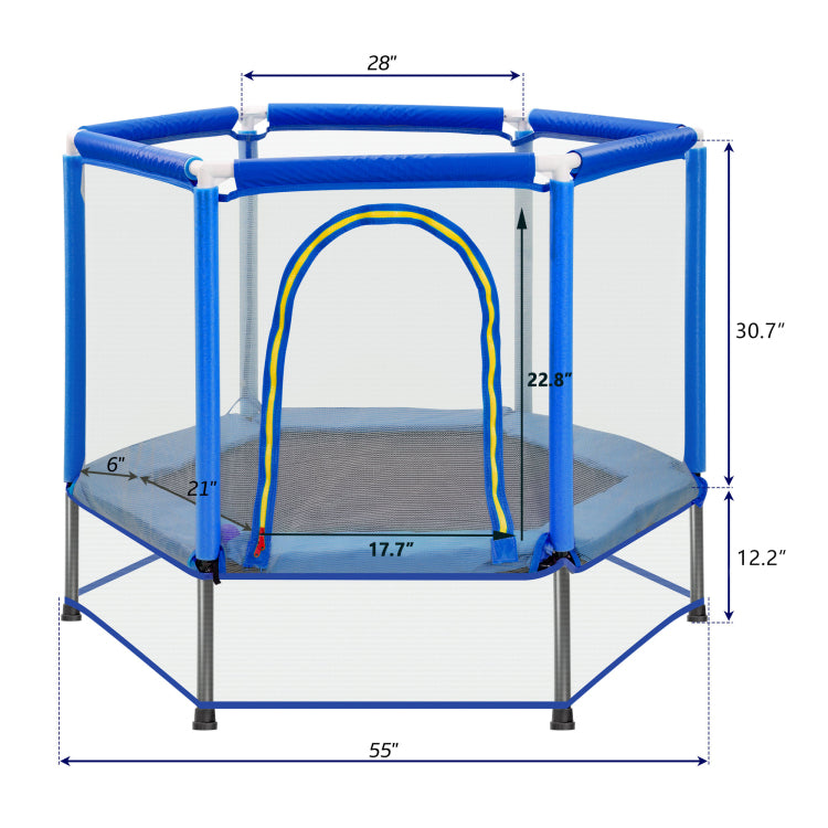 55'' Toddlers Trampoline With Safety Enclosure Net And Balls, Indoor Outdoor Mini Trampoline For Kids