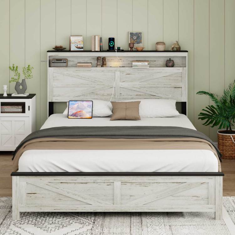 Fully Floating Bed Frame With Led Lights And Charging Station Cushion Platform Bed Frame, Large Bed, With Headboard And Hidden Storage Space, No Need For Box Springs, Antique White Gray