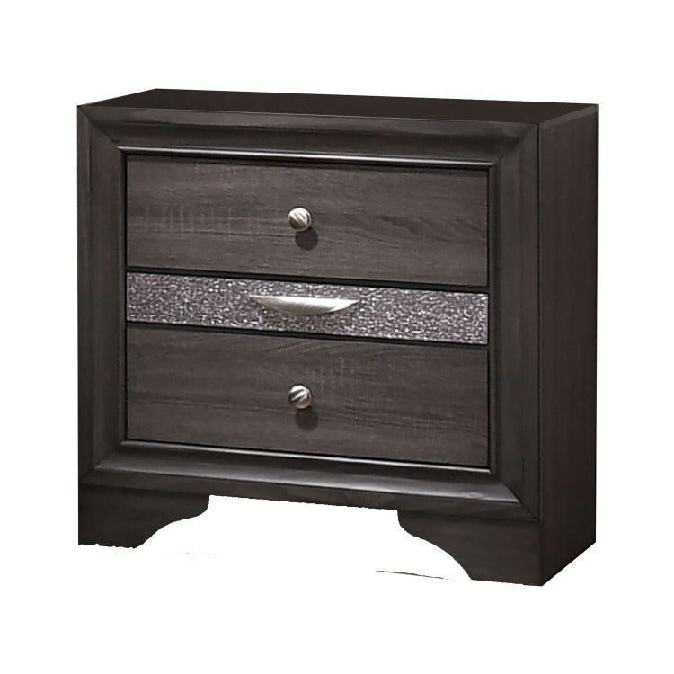Wooden Nightstand With 2 Drawers And 1 Jewelry Drawer, Gray And Silver