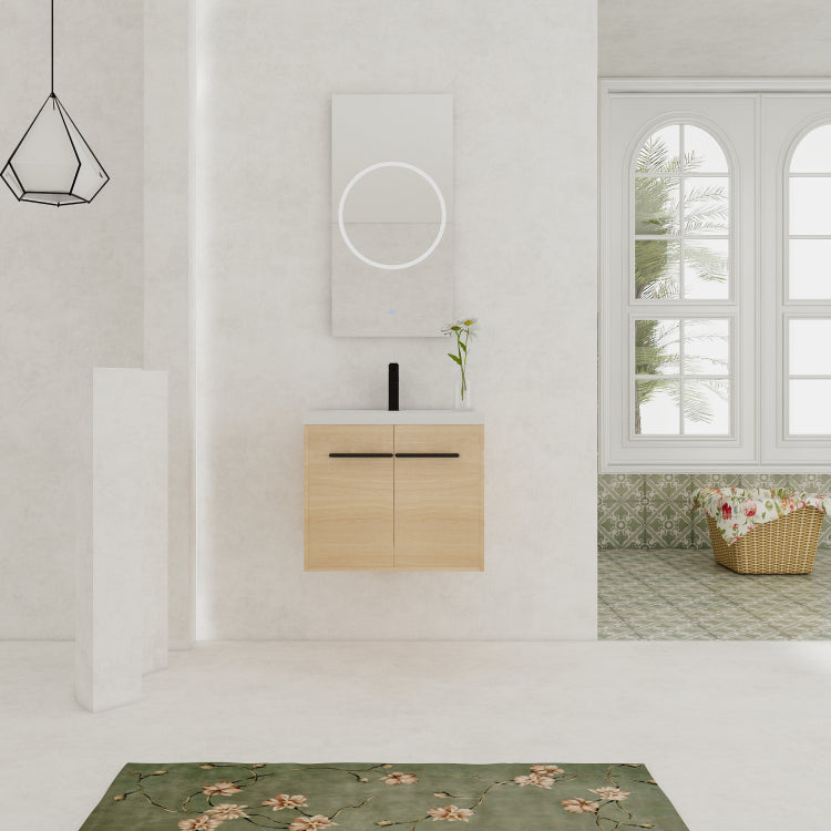 Oak 24 Inch Bathroom Vanity With Resin Countertop Sink, 2 Doors Bathroom Cabinet Set
