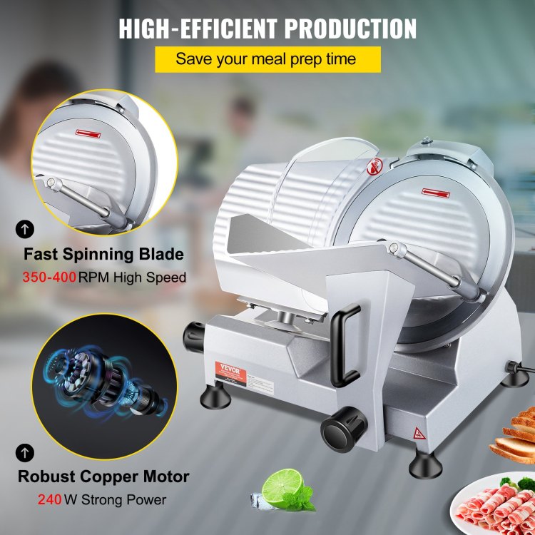 240W Commercial Meat Slicer, Electric Deli Food Slicer, 10" Carbon Steel Blade Electric Food Slicer, 350 400Rpm Meat Slicer, 0 0.47 Inch Thickness Adjustable For Commercial And Home Use