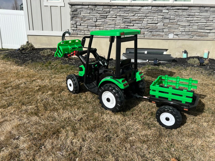 24V Kids Ride On Tractors With Parent Remote Control, Pedal Tractors With Working Loader And Backhoe Digger, Kids' Ride On Car Toys 24V Battery Powered Electric Vehicles With Trailer, Digger Green