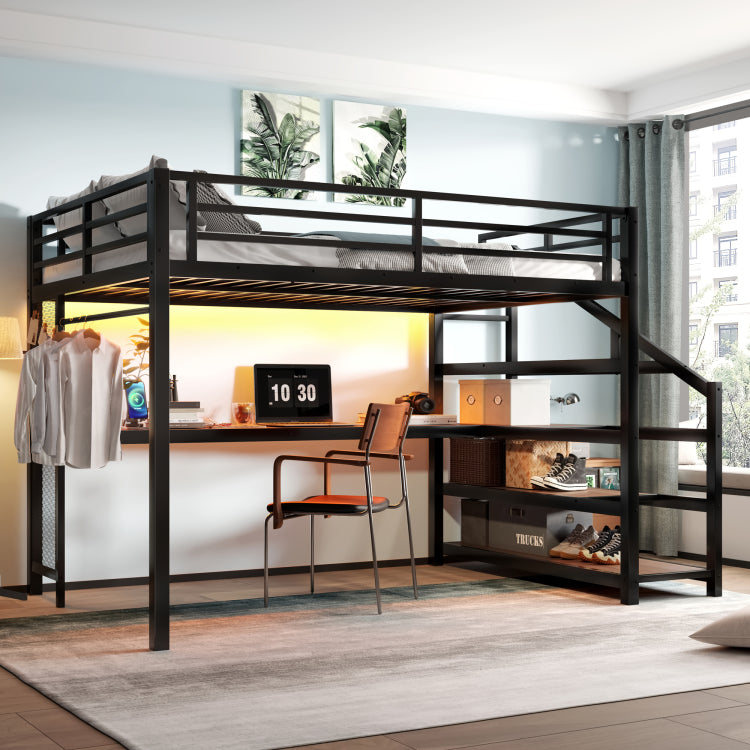 Queen Loft Bed With Desk And Storage Stairs, Metal Loft Beds With Led Lights, Usb Ports, Multifunctional Iron Nets, No Spring Box Needed And Noise Free, Black
