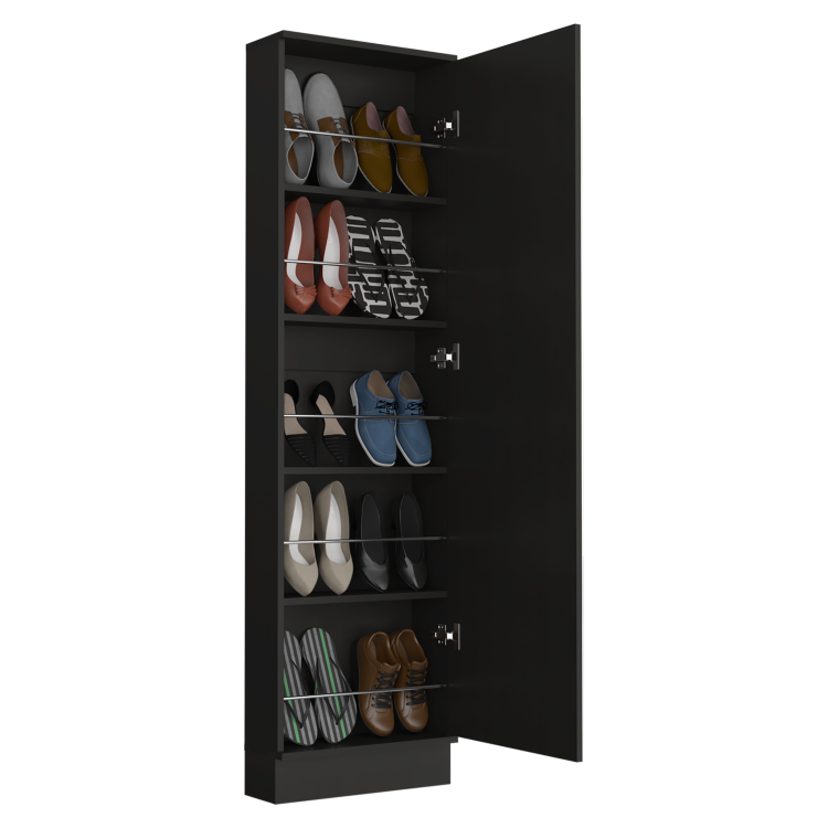 Shoe Rack 67" H, Five Internal Storage Shelves, A Mirror, A Door, Approximate Capacity Of 10 Pairs Of Shoes, Black