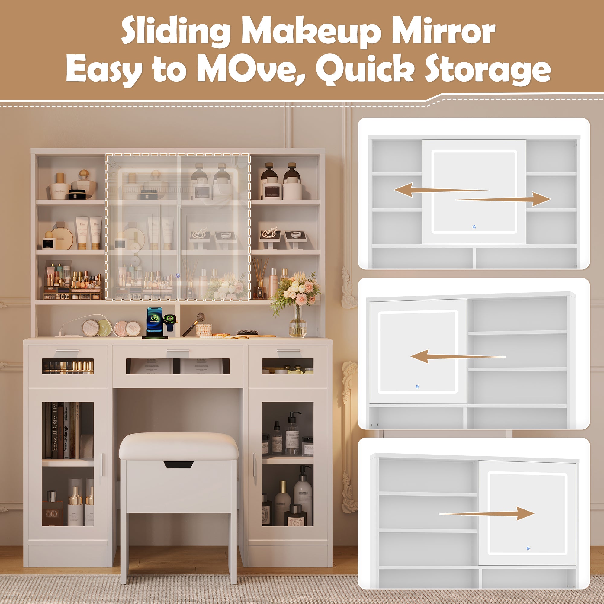 41.3" Makeup Vanity With Sliding Mirror And Led Lights, Dressing Table With Storage Stool, 3 Drawers And 2 Rgb Cabinets, Vanity Desk With Open Shelves And Charging Station, White