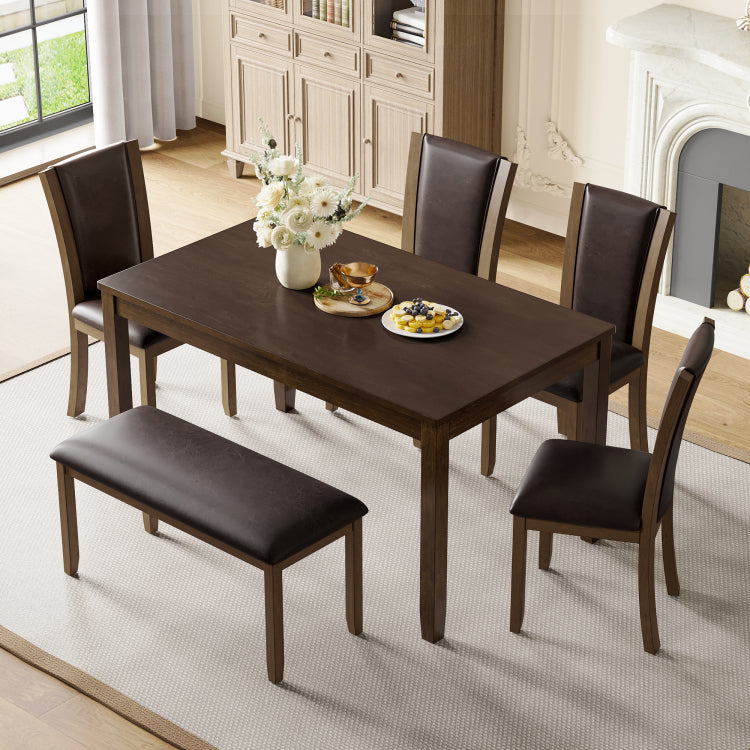 6 Piece Dining Table Set With Bench And Chairs, Wooden Dining Table Set For 6 People, Farmhouse Rustic Style 6 Person Dining Table Set For Dining Room, Kitchen, Dark Walnut