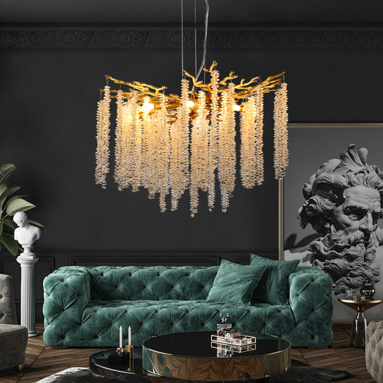 24 Inch Modern Golden Pendant Light With Cascading Crystal Strands, Ideal For Living Room, Dining Room And Foyer, High End Decorative Lighting Fixture Bulb Not Included