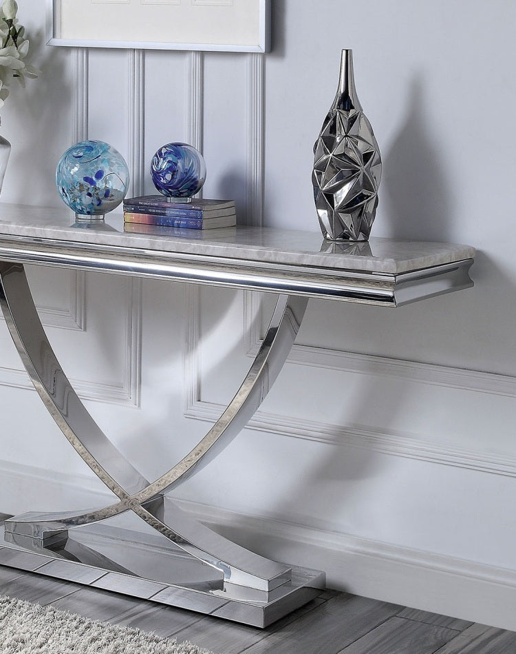 Glam Style Modern Sofa Table 1Pc Stainless Steel Pedestal Base 18Mm Faux Marble On Top Metal Structure Chroma Finish Coffee Table Not Included