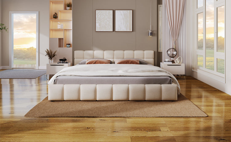 Elegant Beige Chenille Upholstered Bed With Checkerboard Design, King, Beige