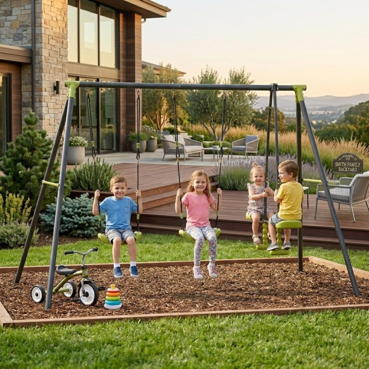 Xns008 Interesting Triple Children Metal Safe Swing Set 440Lbs For Outdoor Playground Three Seat Swing Black And Green For Age 3