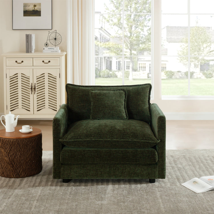 Comfy Deep Single Seat Sofa Upholstered Reading Armchair Living Room Chair Green Chenille Fabric , 1 Toss Pillow