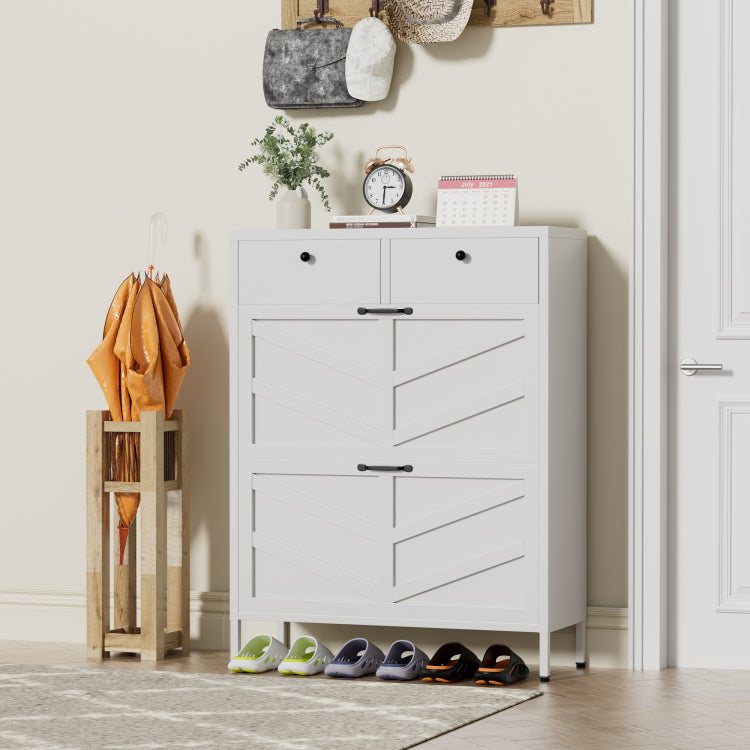 Shoe Cabinet With 2 Flip Drawers And 2 Drawers, Slim Metal Entryway Storage Cabinet, Freestanding 31.5"W X 40.75"H White Organizer With Anti Tip Device