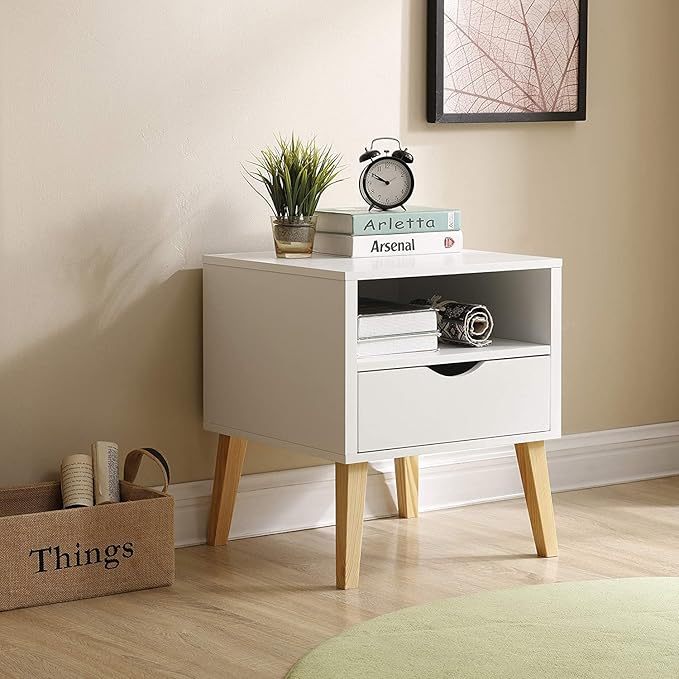 Mid Century Modern Jeff Night Stand, End Table Bed Room Accent Side Table, White