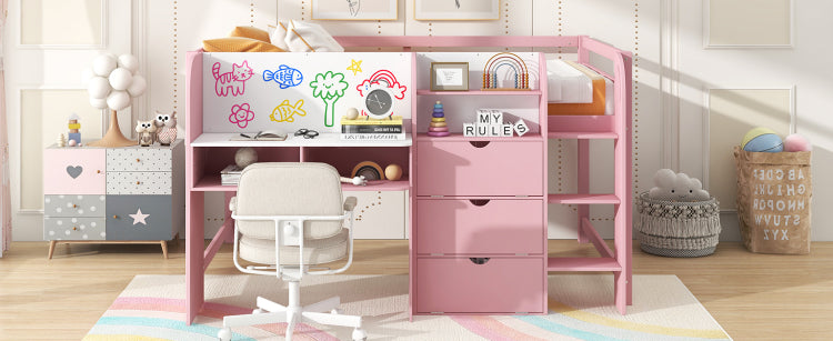 Full Size Low Loft Bed With Built In Desk,Storage Cabinets And Open Bookcase,Whiteboard For Graffiti,Pink