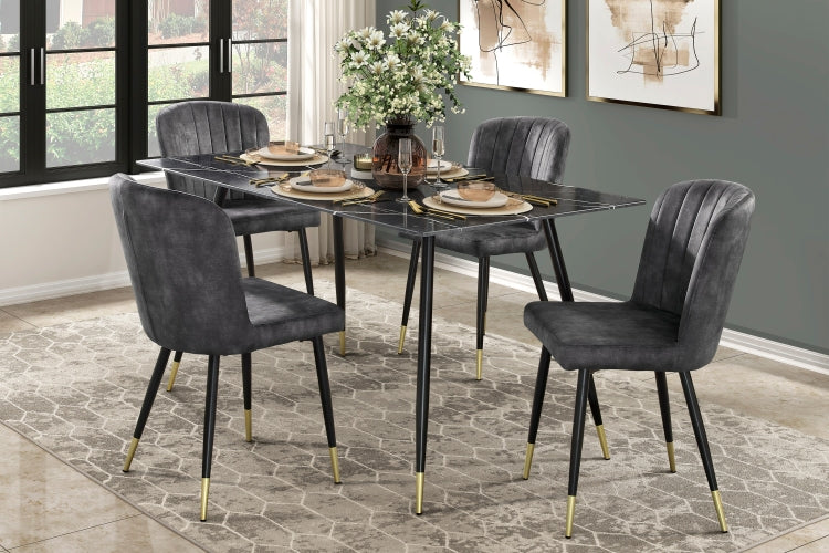 Modern Design Home Furniture Chairs Set Of 2, Charcoal Hued Velvet Upholstery Channel Tufting Black Metal Legs With Gold Finish Accent