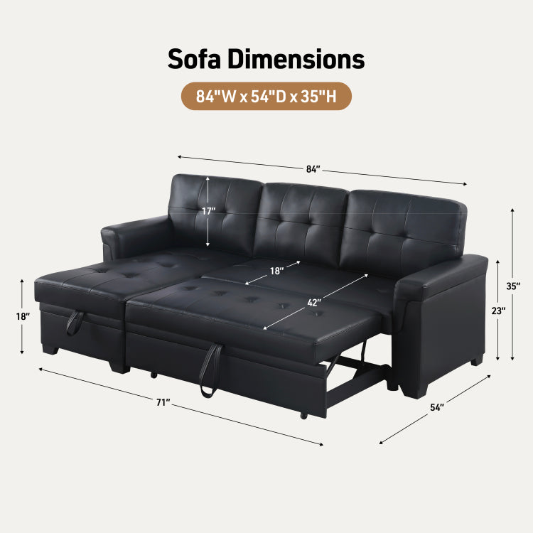 Lucca 84"W Black Vegan Leather Modern Reversible Sleeper Sectional Sofa With Storage Chaise