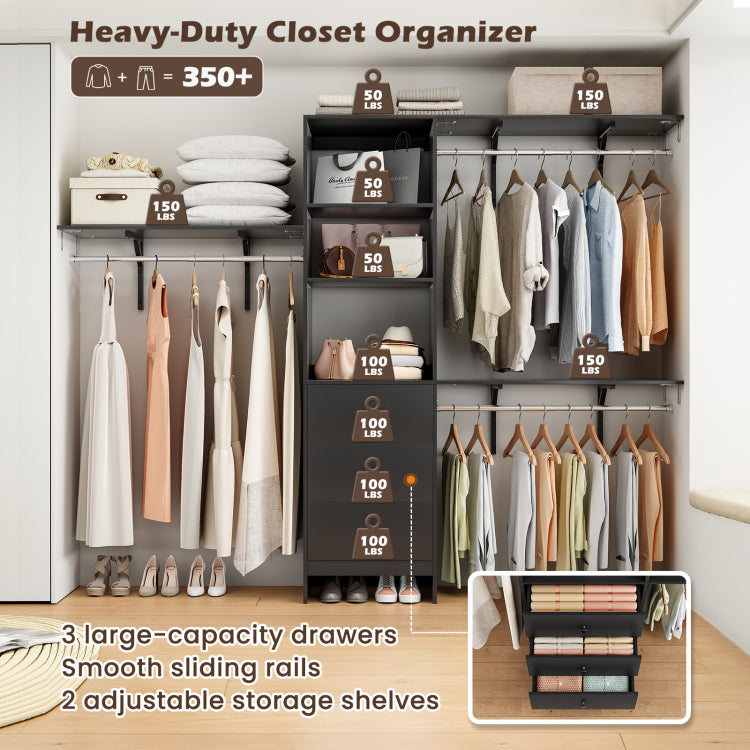 Closet Organizer High Capacity Wardrobe Rack With 3 Drawers, Shelves & Expandable Hanger Rods, Fits 6 9 Ft Spaces, Durable & Stylish 96" L X 16" W X 75" H, Supports Up To 1000 Lbs