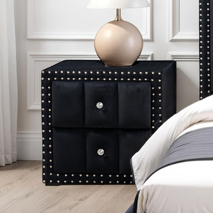 Black Color Contemporary Style 1Pc Nightstand Crystal Like Knobs Vertical Channel Tufting Nailhead Trim Fabric Bedside Table Bedroom Furniture
