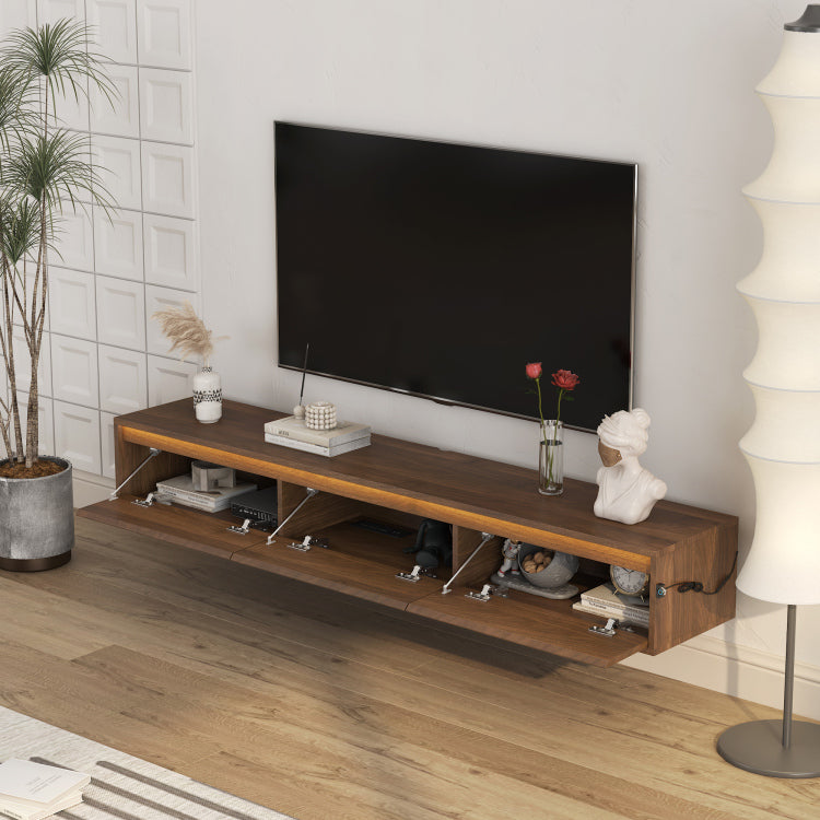 Floating Tv Stand, Wall Mounted Tv Shelf With Led Lights & Power Outlet,Cabinet For Wood Tv Stands For Living Room