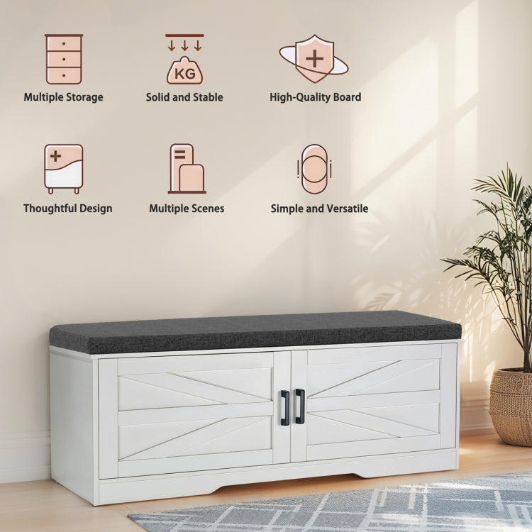 2 Tier Storage Bench, Farmhouse Shoe Bench With Padded Seat Cushion, Entryway Bench With 2 Barn Doors & 2 Adjustable Shelves, 13.75" D X 39.4" W X 17.72" H, For Entryway, Bedroom, Living Room, White